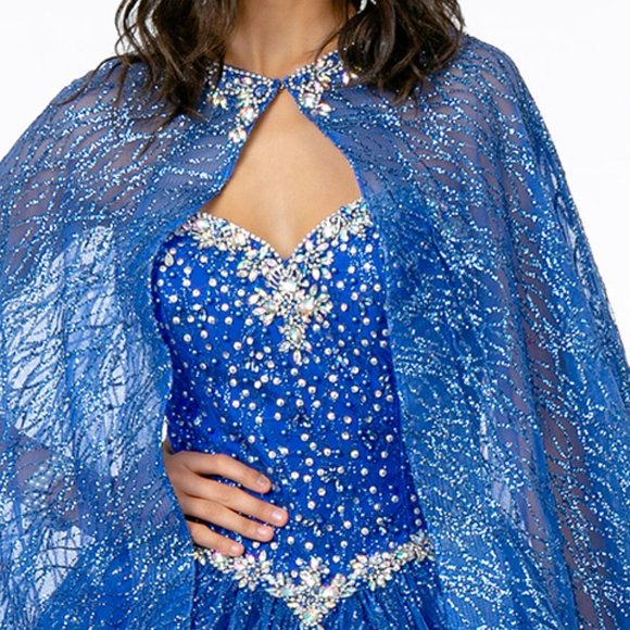 NEW LONG SLEEVELESS STRAPLESS MESH BALL GOWN EMBROIDERED WITH RHINESTONES GL2801 - Picture 8 of 9